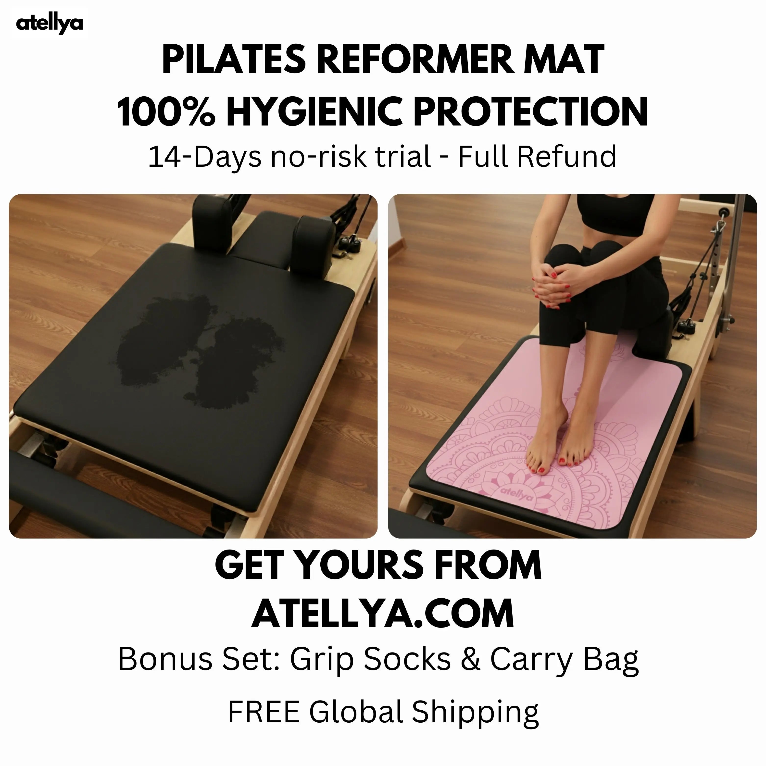 Atellya Sydney Pink Pilates Reformer Mat Set – Non-Slip Pilates Mat + Grip Socks with Carry Bag Atellya
