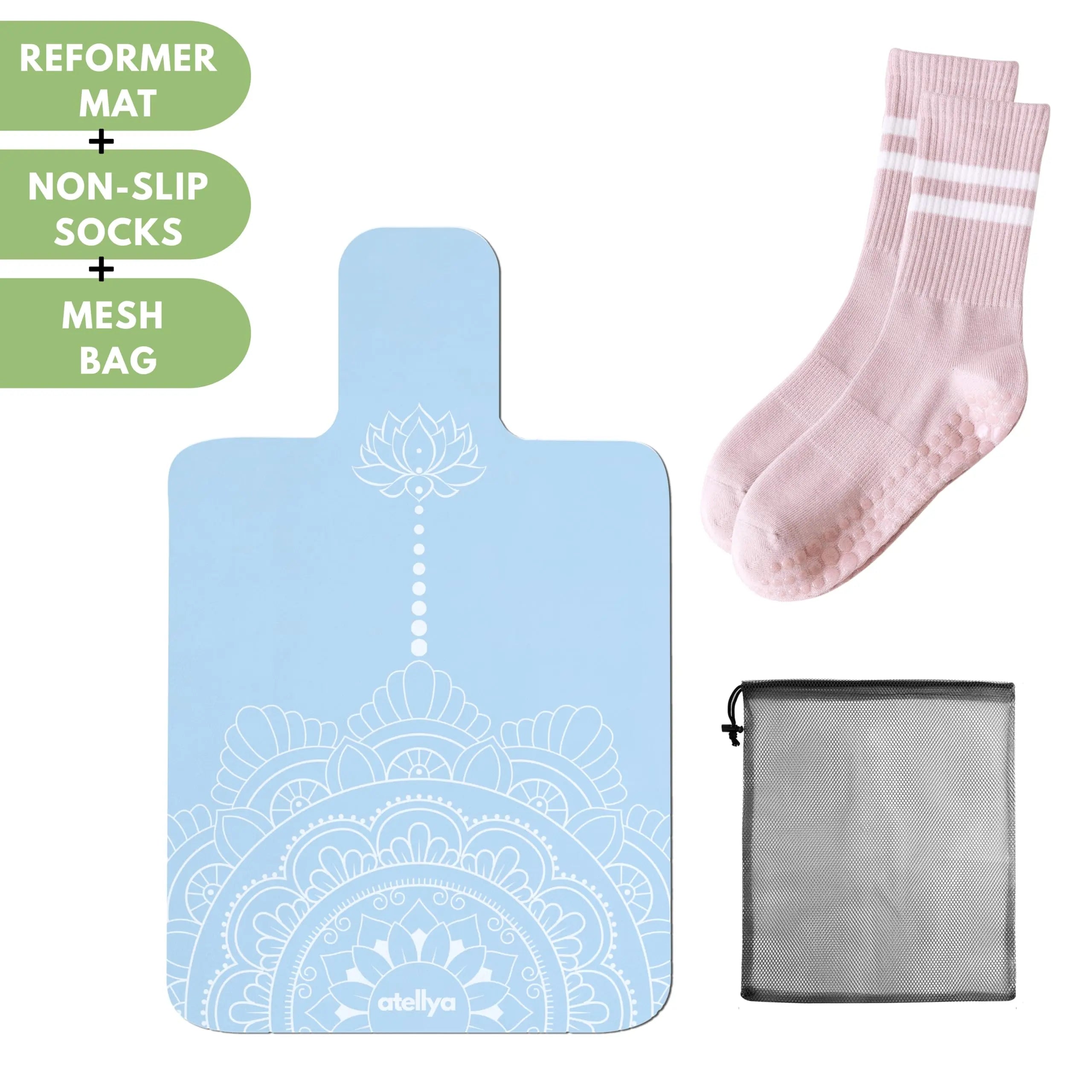 Atellya Melbourne Blue Pilates Reformer Mat Set – Non-Slip Pilates Mat + Grip Socks with Carry Bag Atellya