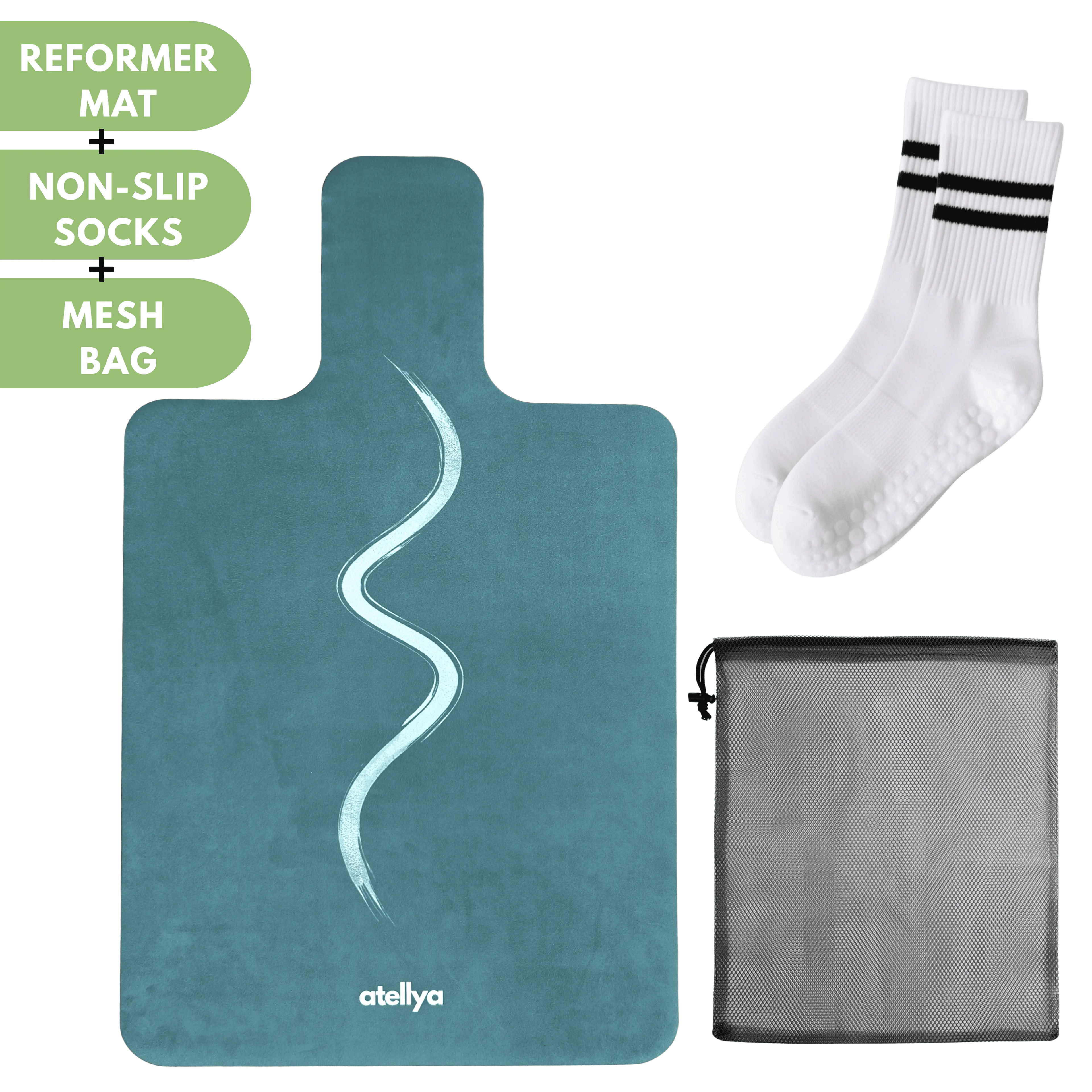 Atellya Florida S Green Pilates Reformer Mat Set – Non-Slip Pilates Mat + Grip Socks with Carry Bag Atellya