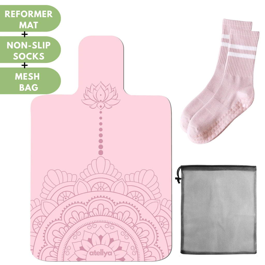 Atellya Sydney Pink Pilates Reformer Mat Set – Non-Slip Pilates Mat + Grip Socks with Carry Bag Atellya